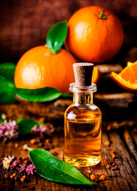 orange essential oil in a bottle Selective focus