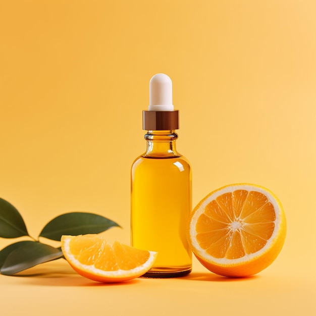 Photo orange essential oil on a yellow background selective focus generative ai