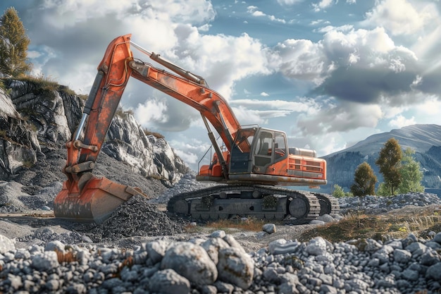 Orange excavator working on gravel at construction site