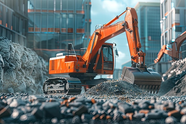 Orange excavator working on gravel at construction site