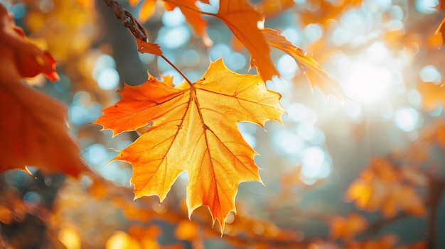 Photo orange fall leaves in park sunny autumn natural background generative ai