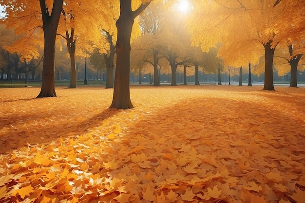 orange fall leaves in park sunny autumn natural background