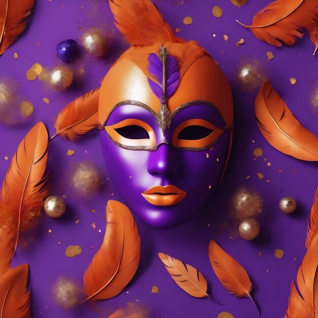 Orange feather with purple mask and confetti