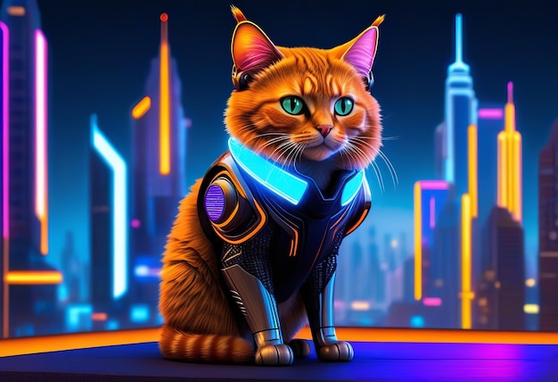 Photo orange feline in a neon cityscape