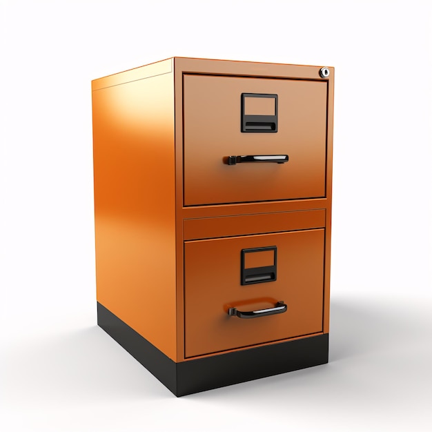 an orange file cabinet with black handles