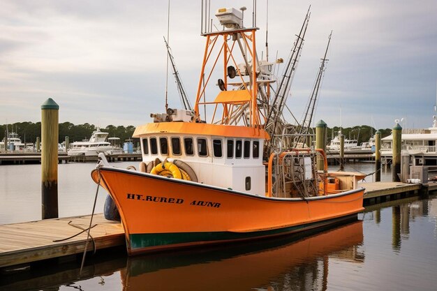 Orange Fishing Boat Docked at Pier orange picture photography