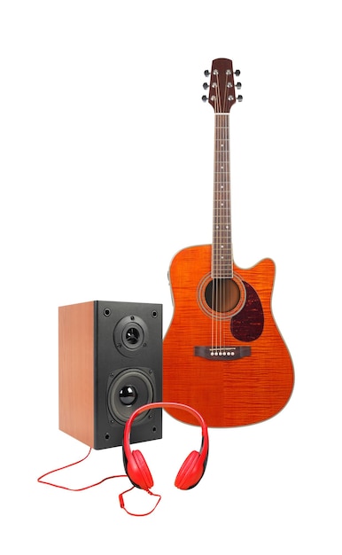 Orange flame maple electro acoustic guitar loudspeaker enclosure and red headphone Isolated