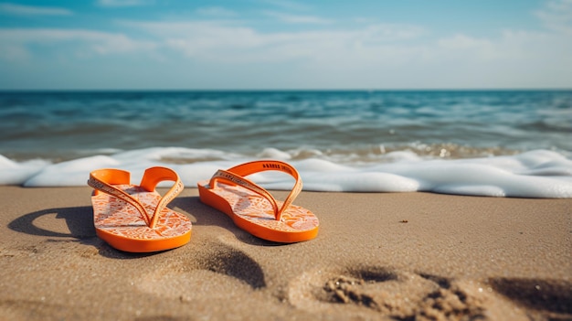 Orange flip flops on beach