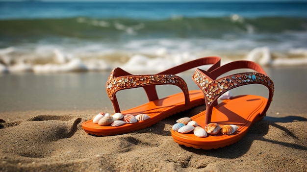 Orange flip flops on beach