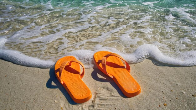 사진 해변에 있는 오렌지색 플립플롭