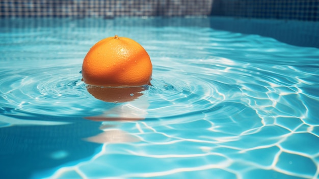 An orange floating in a pool with the word orange on it