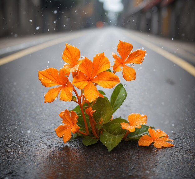 Orange flower on the asphalt road in rainy day Shallow depth of field