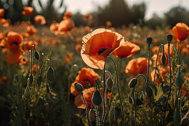 Orange flower field with a blue sky background Generative AI