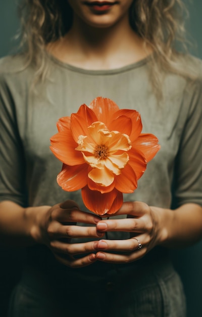 An orange flower in the hands of a woman