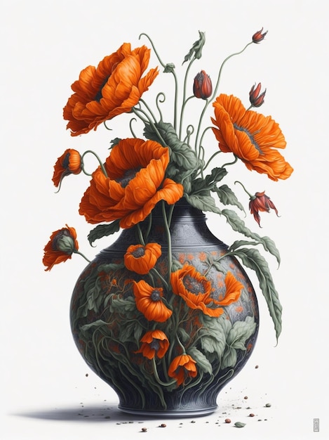 An orange flower is in a vase with the words " the name " on it.