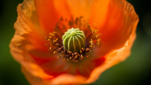 An orange flower with a green center