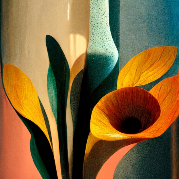 Orange flowers bouquet in teal ceramic vase in sunlight