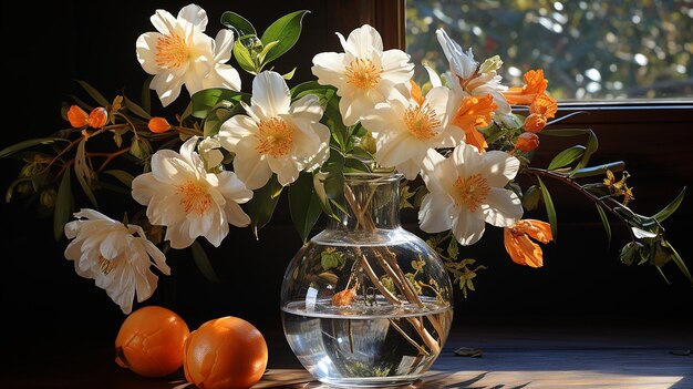 Orange flowers in clear glass vase