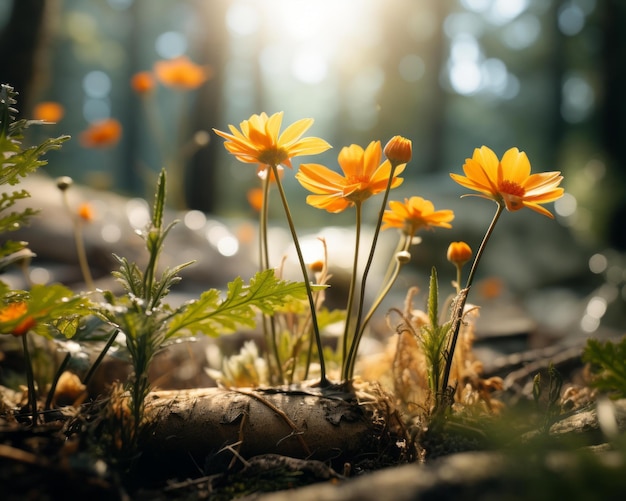 太陽の光が差し込む森のオレンジ色の花