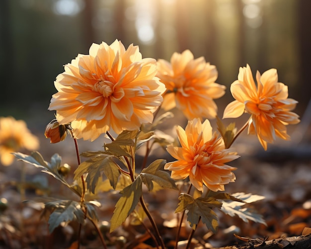 orange flowers in the sun with leaves on the ground