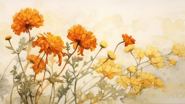 Orange flowers watercolor painting in yellow and beige style