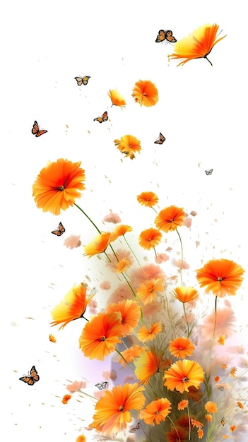 흰색 배경에 나비가 있는 주황색 꽃