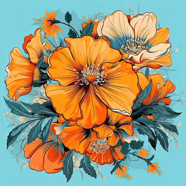 the orange flowers with a label for summer in the style of colorful drawings