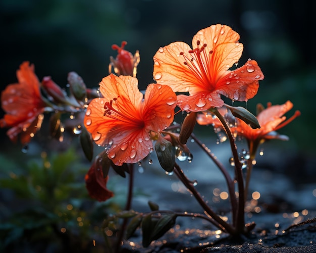 아침 햇살에 물방울이 있는 주황색 꽃