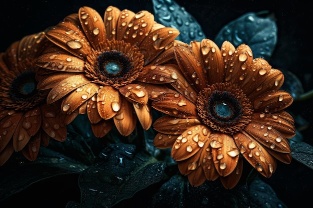 Orange flowers with water drops on a black background