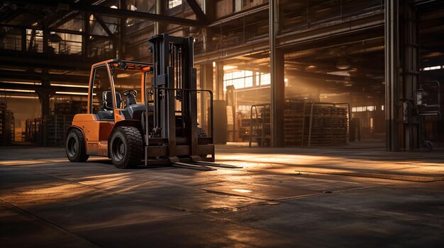 An orange forklift standing still cast in the soft glow of dawn in a deserted depot