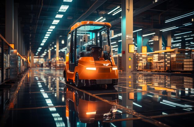 Orange forklift in warehouse