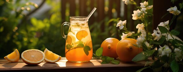 写真 夏の庭の木製のテーブルにオレンジ色の新鮮な冷たいレモネード