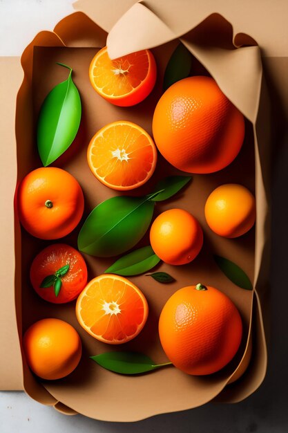 Orange fresh tangerines with green leaves in brown paper bag isolated on white background flat lay