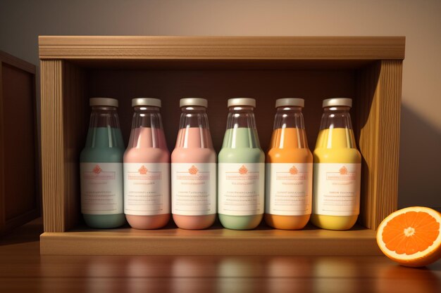 Orange fruit and bottles of colorful drinks on the table look very tasty