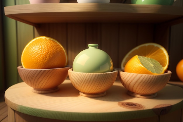 Orange fruit and bottles of colorful drinks on the table look very tasty