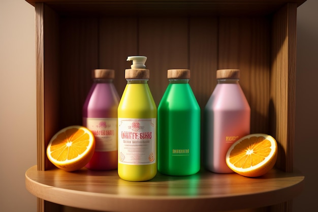 Photo orange fruit and bottles of colorful drinks on the table look very tasty