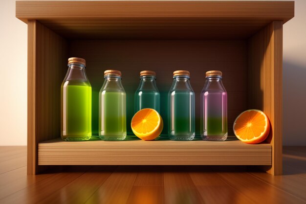 Orange fruit and bottles of colorful drinks on the table look very tasty