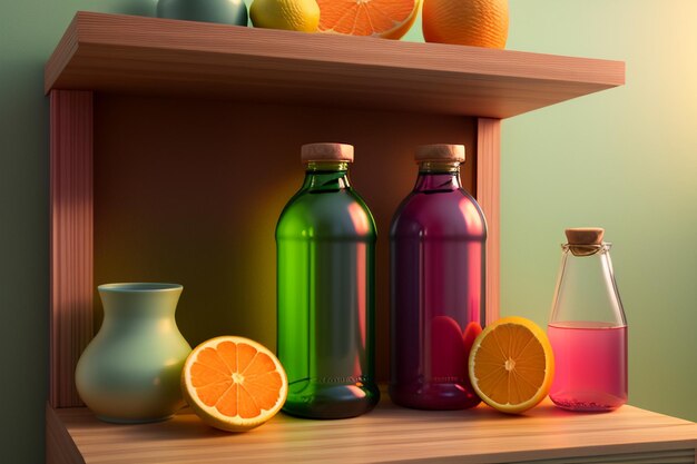 Orange fruit and bottles of colorful drinks on the table look very tasty