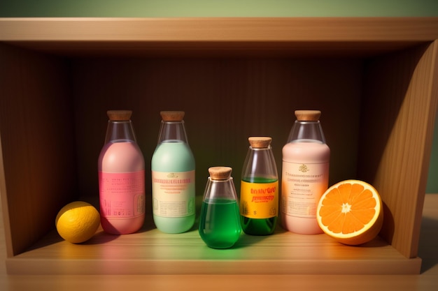 Photo orange fruit and bottles of colorful drinks on the table look very tasty