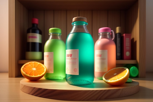 Foto la frutta arancione e le bottiglie di bevande colorate sul tavolo sembrano molto gustose