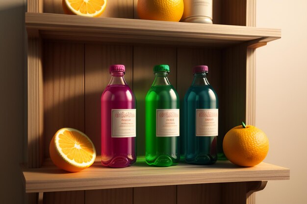 Photo orange fruit and bottles of colorful drinks on the table look very tasty