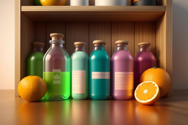 Orange fruit and bottles of colorful drinks on the table look very tasty