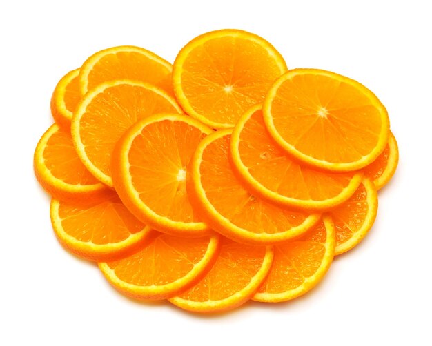 Orange fruit his segments or cantles isolated on white background cutout. Flat lay, top view