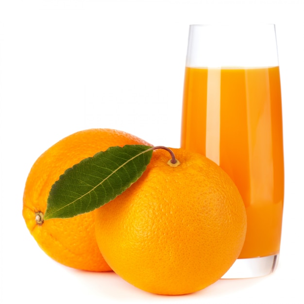 Orange fruit and juice isolated on white 