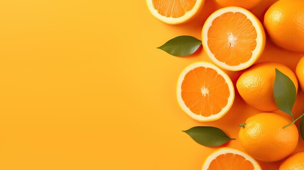 Orange fruit on orange background Flat lay top view copy space