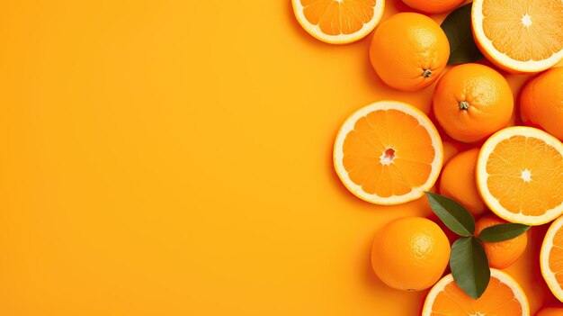 オレンジの背景のオレンジ色の果実 フラットレイトップビューコピースペース