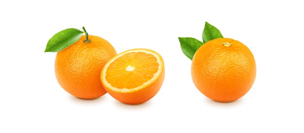 Orange fruit and Orange sliced with green leaves transparent background