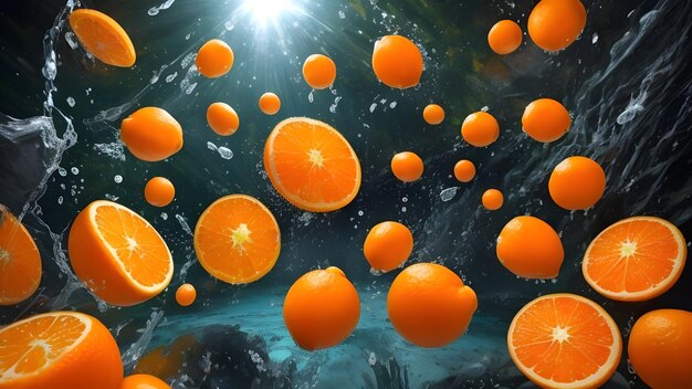 Кусочки апельсина падают в воду
