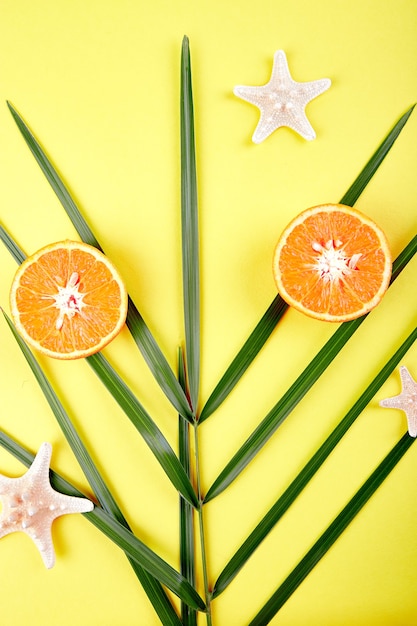 Orange fruit, starfish and palm leaves