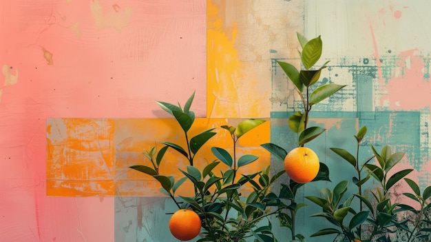 Orange fruit tree against a pastel abstract painted backdrop